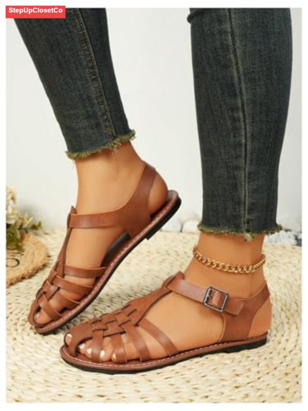 Closed Toe Flats Sandals Huaraches Faux Leather Fisherman Sandals - Picture 5 of 6